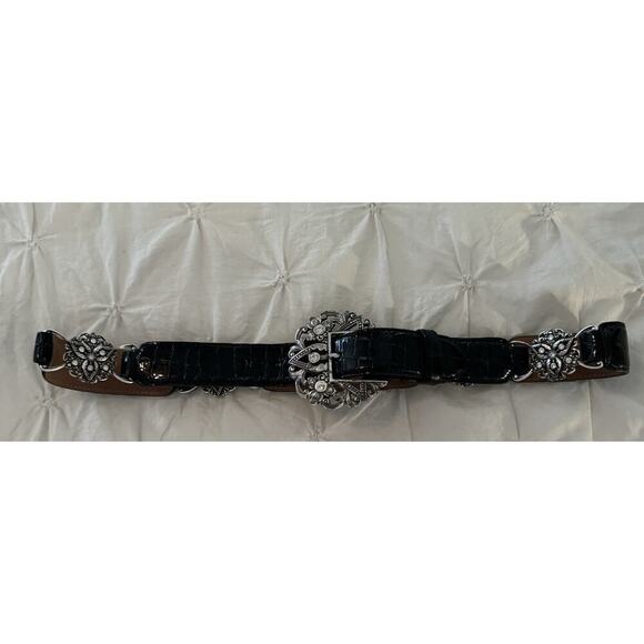 Vintage Brighton Leather Belt Charms Embellished Black Silvertone Links 90s - Picture 1 of 9